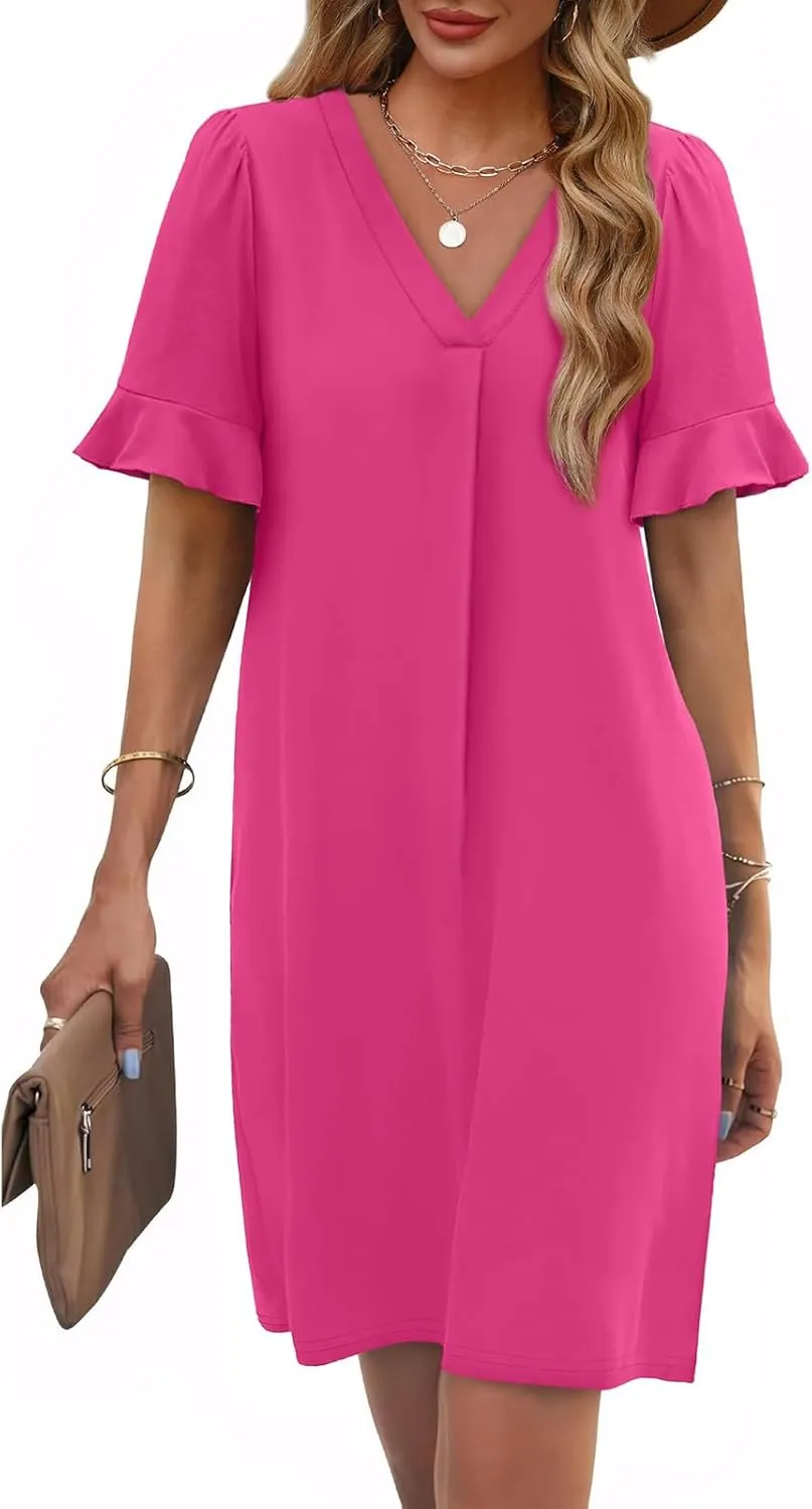 Dresses for Women Elegant Dressy Casual Summer Ruffle Short Sleeve Mini Dress V Neck Sexy A-Line Beach Travel Outfits