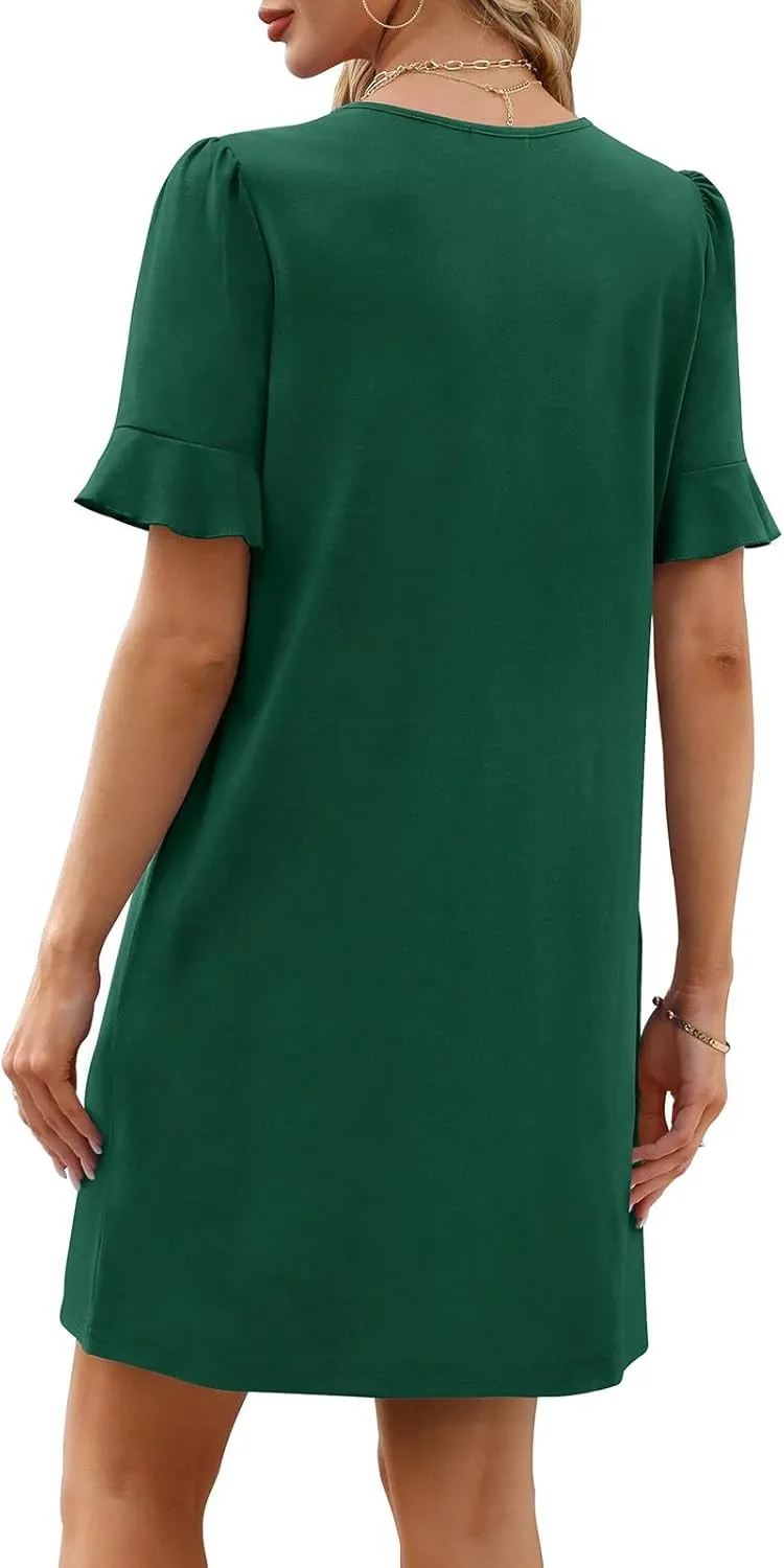 Dresses for Women Elegant Dressy Casual Summer Ruffle Short Sleeve Mini Dress V Neck Sexy A-Line Beach Travel Outfits