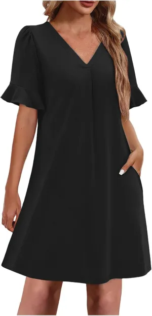 Dresses for Women Elegant Dressy Casual Summer Ruffle Short Sleeve Mini Dress V Neck Sexy A-Line Beach Travel Outfits