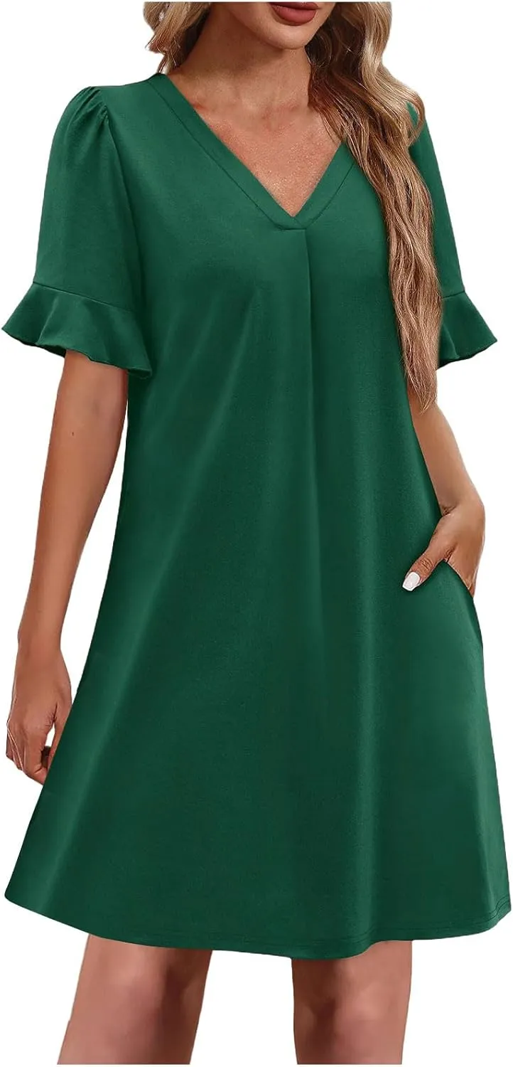 Dresses for Women Elegant Dressy Casual Summer Ruffle Short Sleeve Mini Dress V Neck Sexy A-Line Beach Travel Outfits