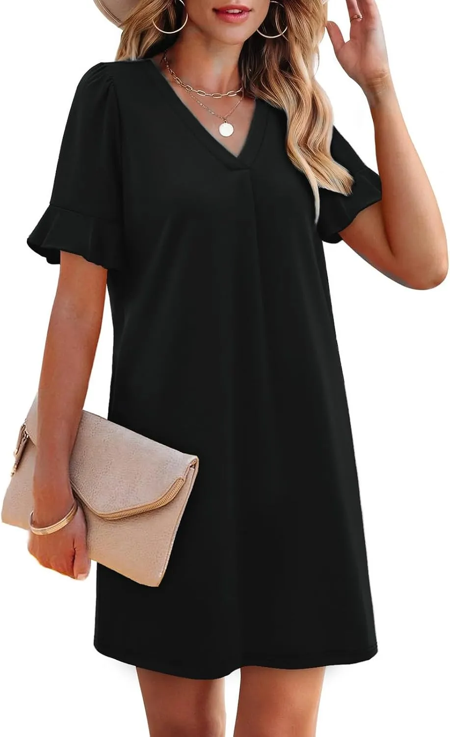 Dresses for Women Elegant Dressy Casual Summer Ruffle Short Sleeve Mini Dress V Neck Sexy A-Line Beach Travel Outfits