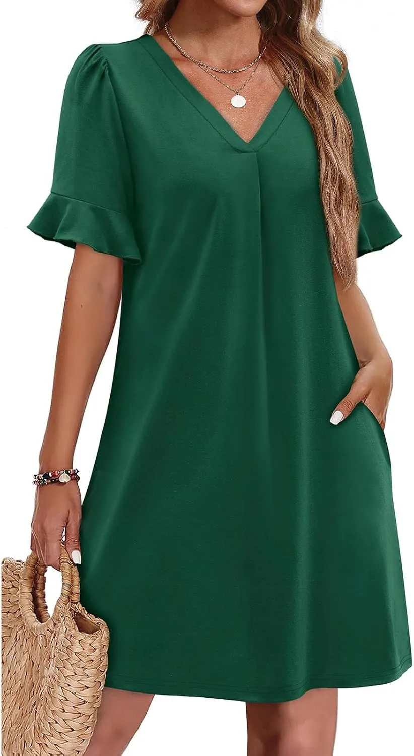 Dresses for Women Elegant Dressy Casual Summer Ruffle Short Sleeve Mini Dress V Neck Sexy A-Line Beach Travel Outfits