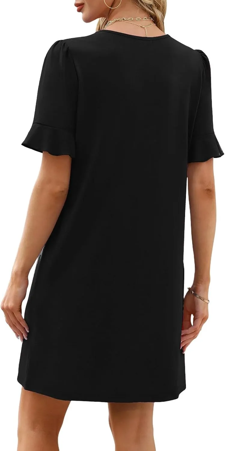 Dresses for Women Elegant Dressy Casual Summer Ruffle Short Sleeve Mini Dress V Neck Sexy A-Line Beach Travel Outfits