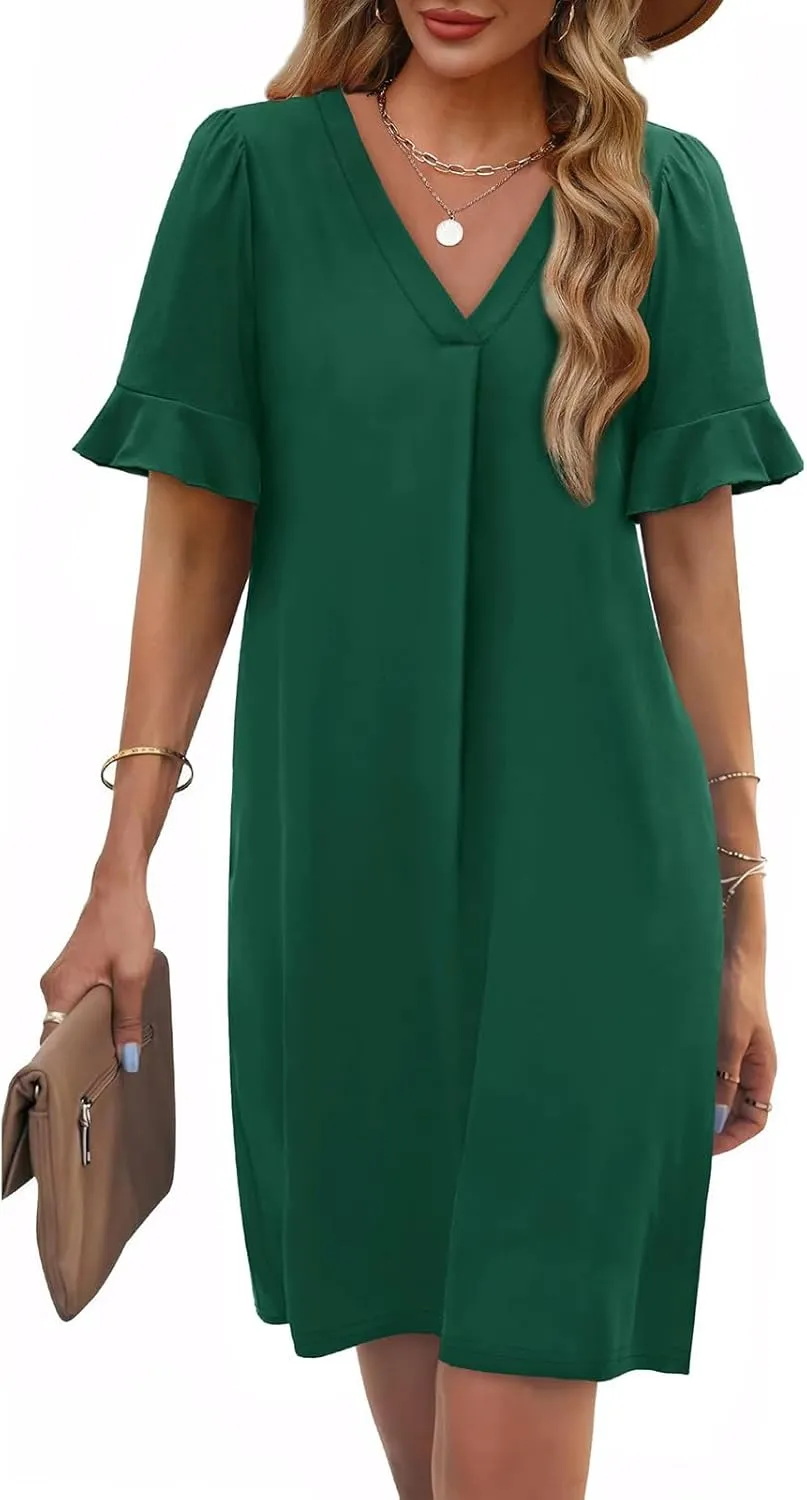 Dresses for Women Elegant Dressy Casual Summer Ruffle Short Sleeve Mini Dress V Neck Sexy A-Line Beach Travel Outfits