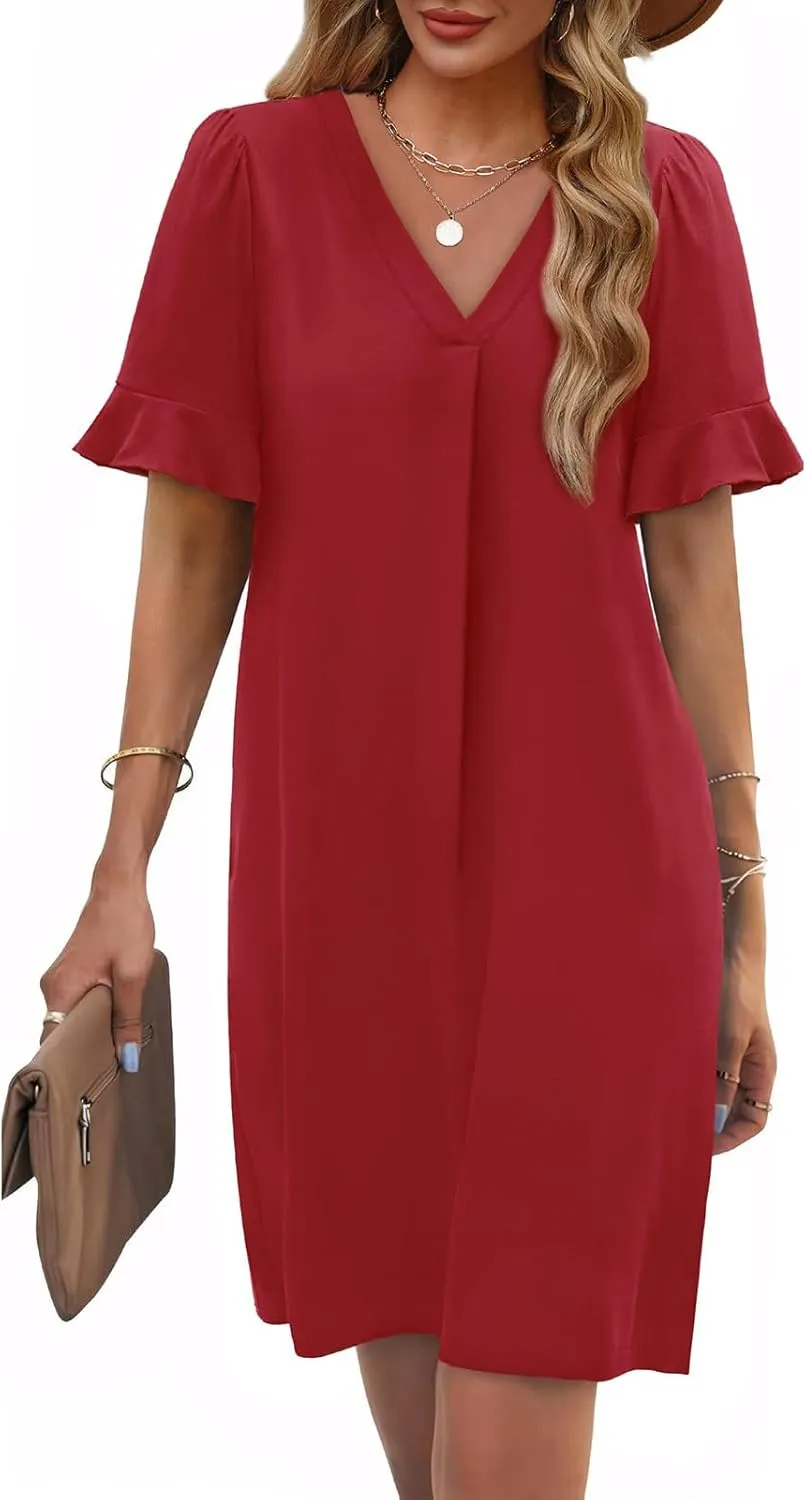 Dresses for Women Elegant Dressy Casual Summer Ruffle Short Sleeve Mini Dress V Neck Sexy A-Line Beach Travel Outfits