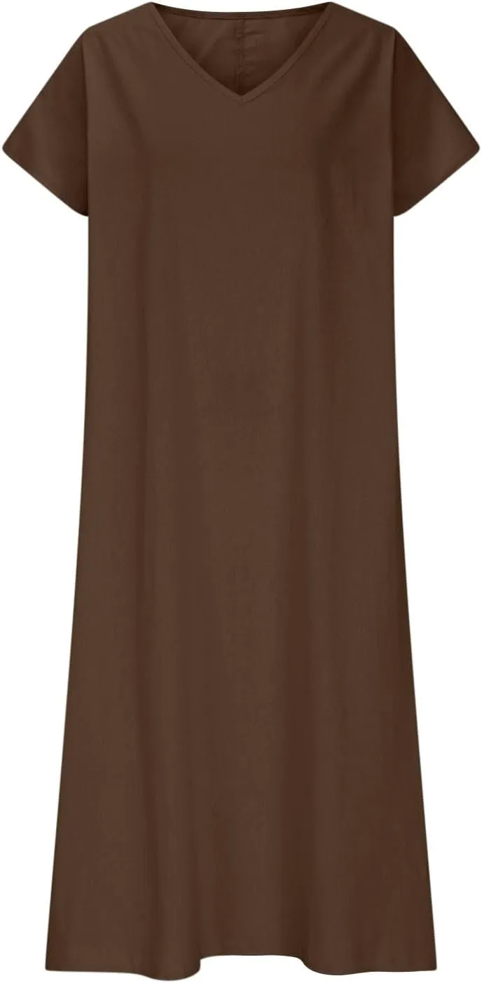 Dresses Women Basic V Neck Short Sleeve Lounge Cotton Linen Maxi Dress Casual Summer Solid Flowy Boho Beach Sundress