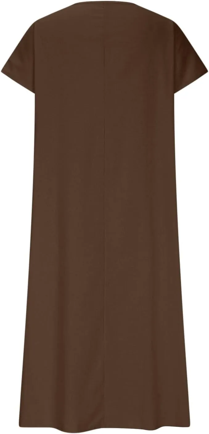 Dresses Women Basic V Neck Short Sleeve Lounge Cotton Linen Maxi Dress Casual Summer Solid Flowy Boho Beach Sundress
