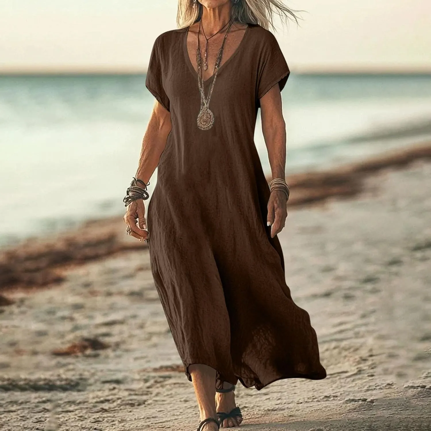 Dresses Women Basic V Neck Short Sleeve Lounge Cotton Linen Maxi Dress Casual Summer Solid Flowy Boho Beach Sundress
