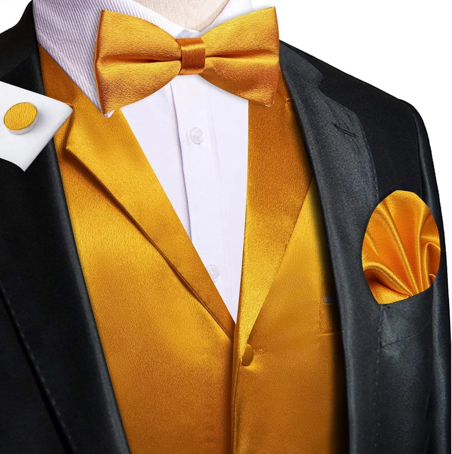 Dubulle Mens Satin Vest and Tie Solid Suit Waistcoat and Pre-tied Bowtie Set for Men Lapel Pin Wedding Party