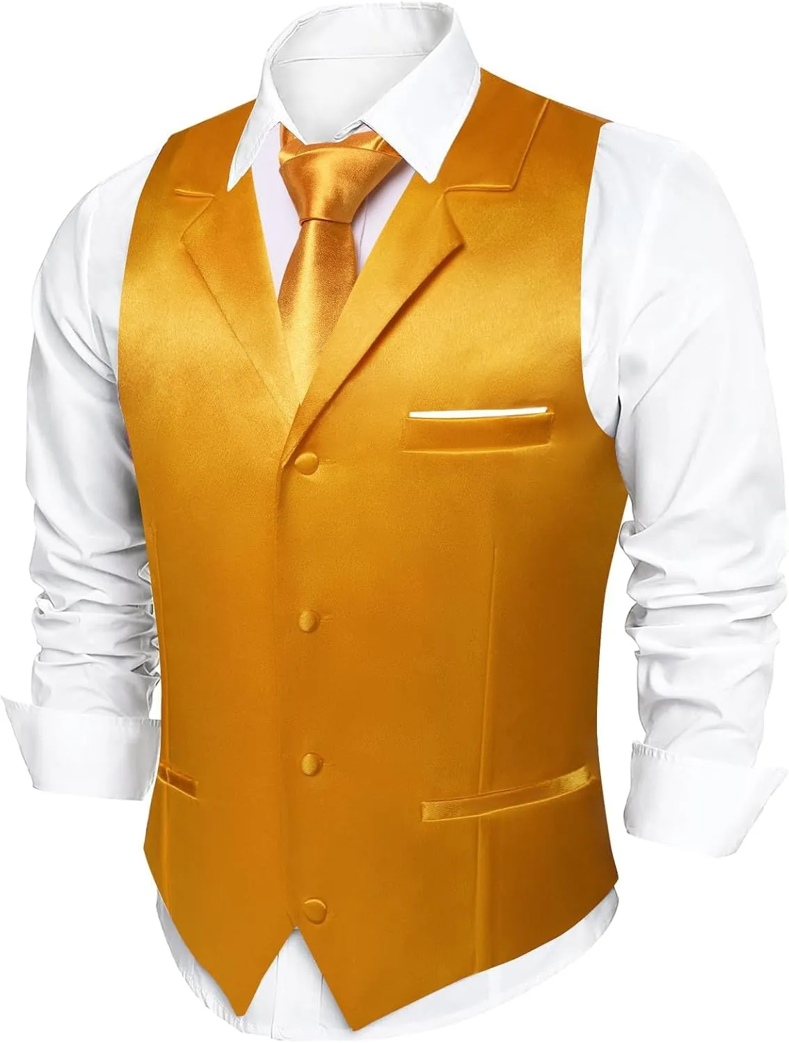 Dubulle Mens Satin Vest and Tie Solid Suit Waistcoat and Pre-tied Bowtie Set for Men Lapel Pin Wedding Party