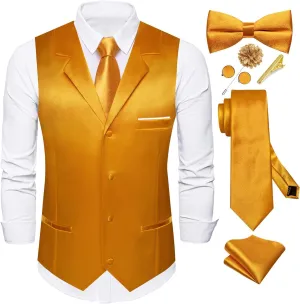 Dubulle Mens Satin Vest and Tie Solid Suit Waistcoat and Pre-tied Bowtie Set for Men Lapel Pin Wedding Party