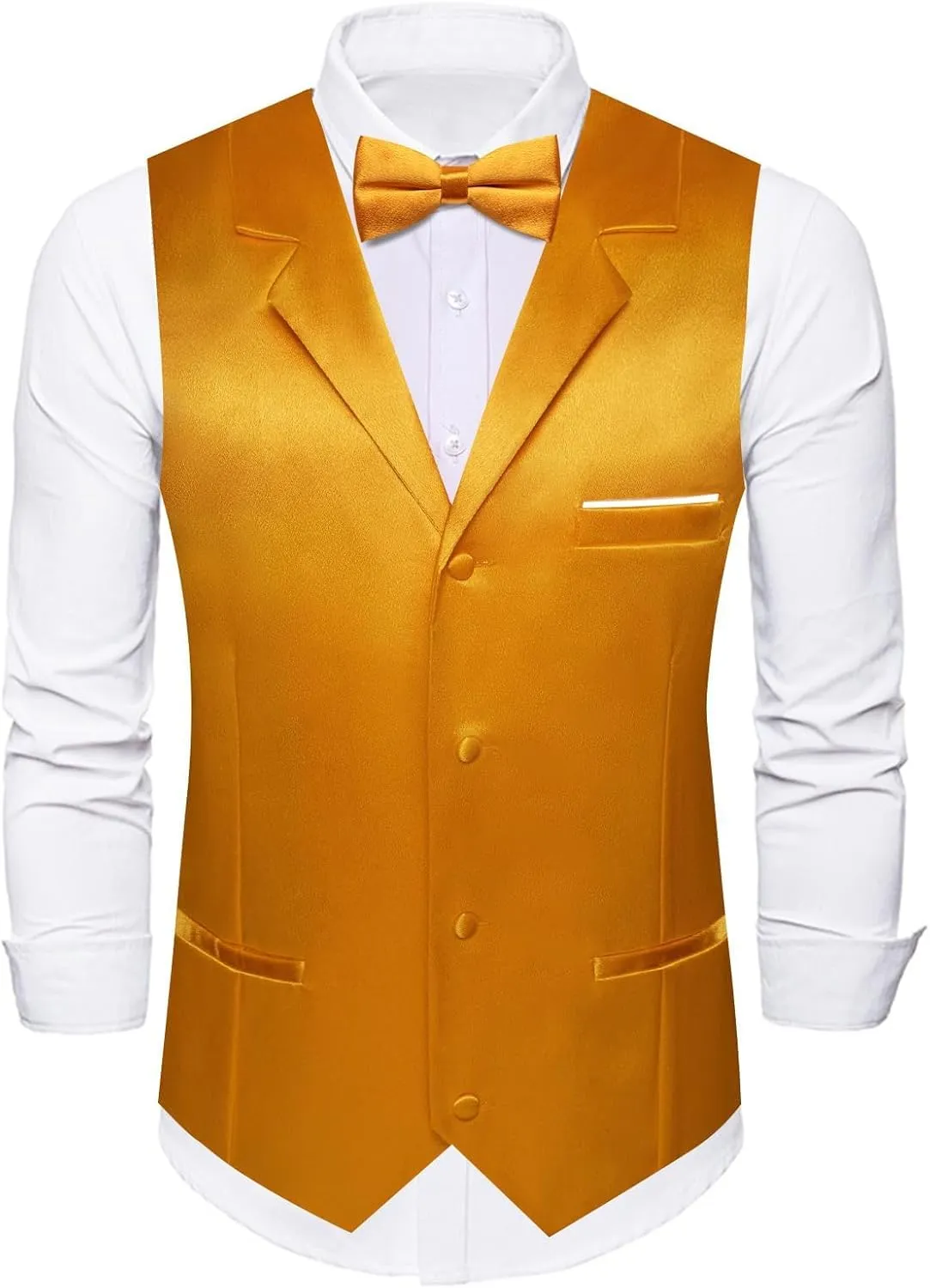 Dubulle Mens Satin Vest and Tie Solid Suit Waistcoat and Pre-tied Bowtie Set for Men Lapel Pin Wedding Party
