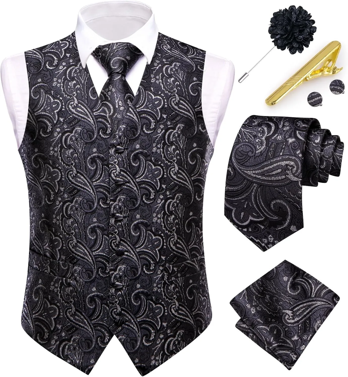 Dubulle Mens Vest and Tie Set Paisley Floral Waistcoat Neckties for Men Lapel Pin Clip Set Wedding Business