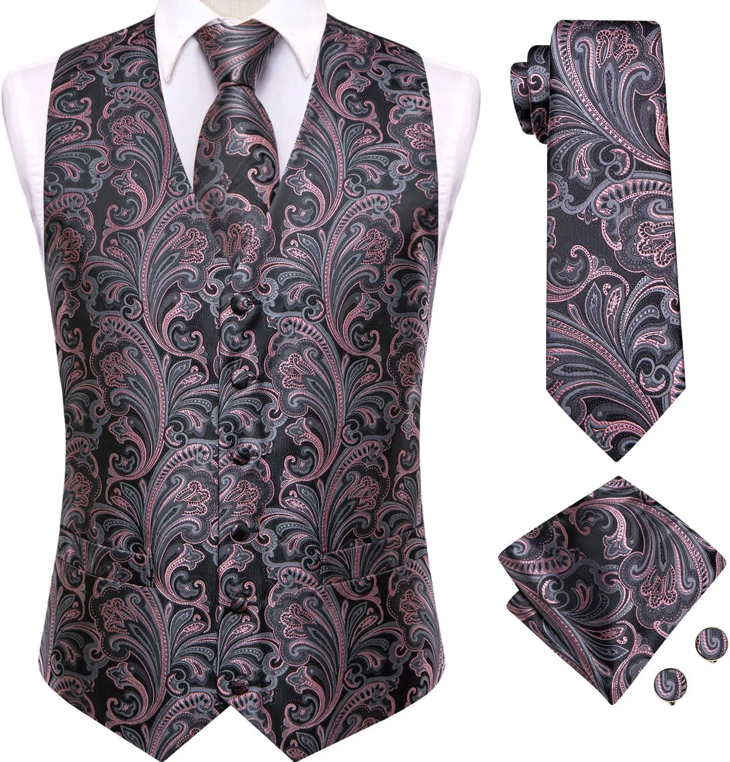 Dubulle Mens Vest and Tie Set Paisley Floral Waistcoat Neckties for Men Lapel Pin Clip Set Wedding Business