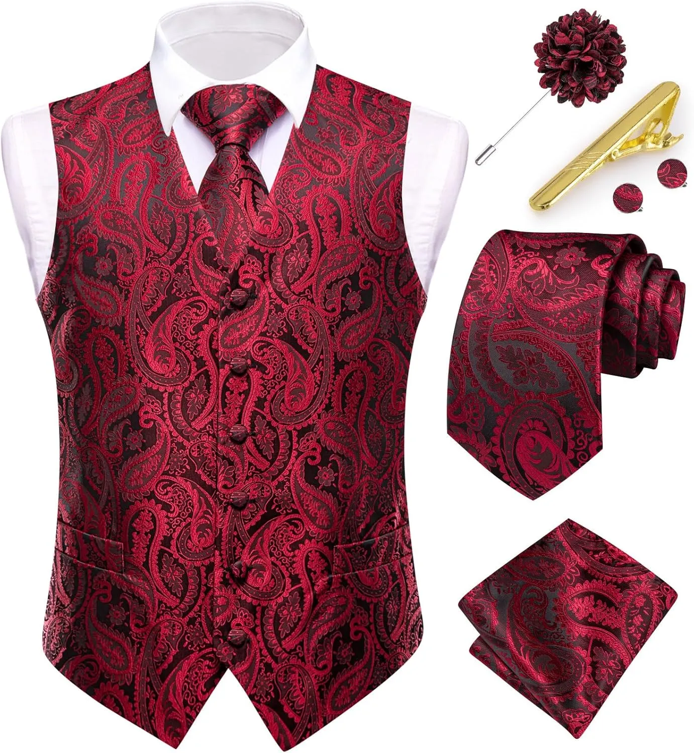 Dubulle Mens Vest and Tie Set Paisley Floral Waistcoat Neckties for Men Lapel Pin Clip Set Wedding Business