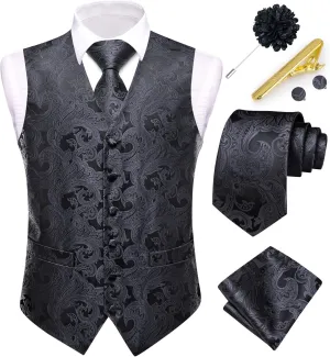 Dubulle Mens Vest and Tie Set Paisley Floral Waistcoat Neckties for Men Lapel Pin Clip Set Wedding Business