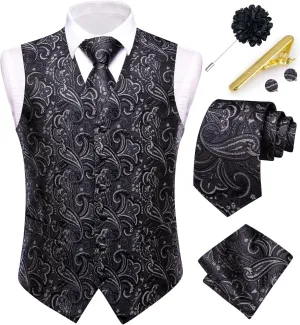 Dubulle Mens Vest and Tie Set Paisley Floral Waistcoat Neckties for Men Lapel Pin Clip Set Wedding Business