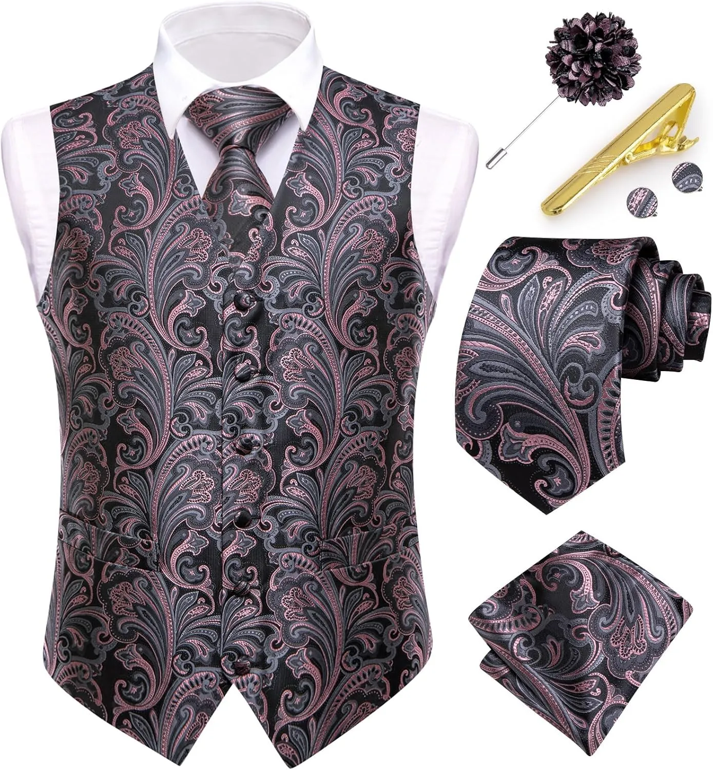 Dubulle Mens Vest and Tie Set Paisley Floral Waistcoat Neckties for Men Lapel Pin Clip Set Wedding Business