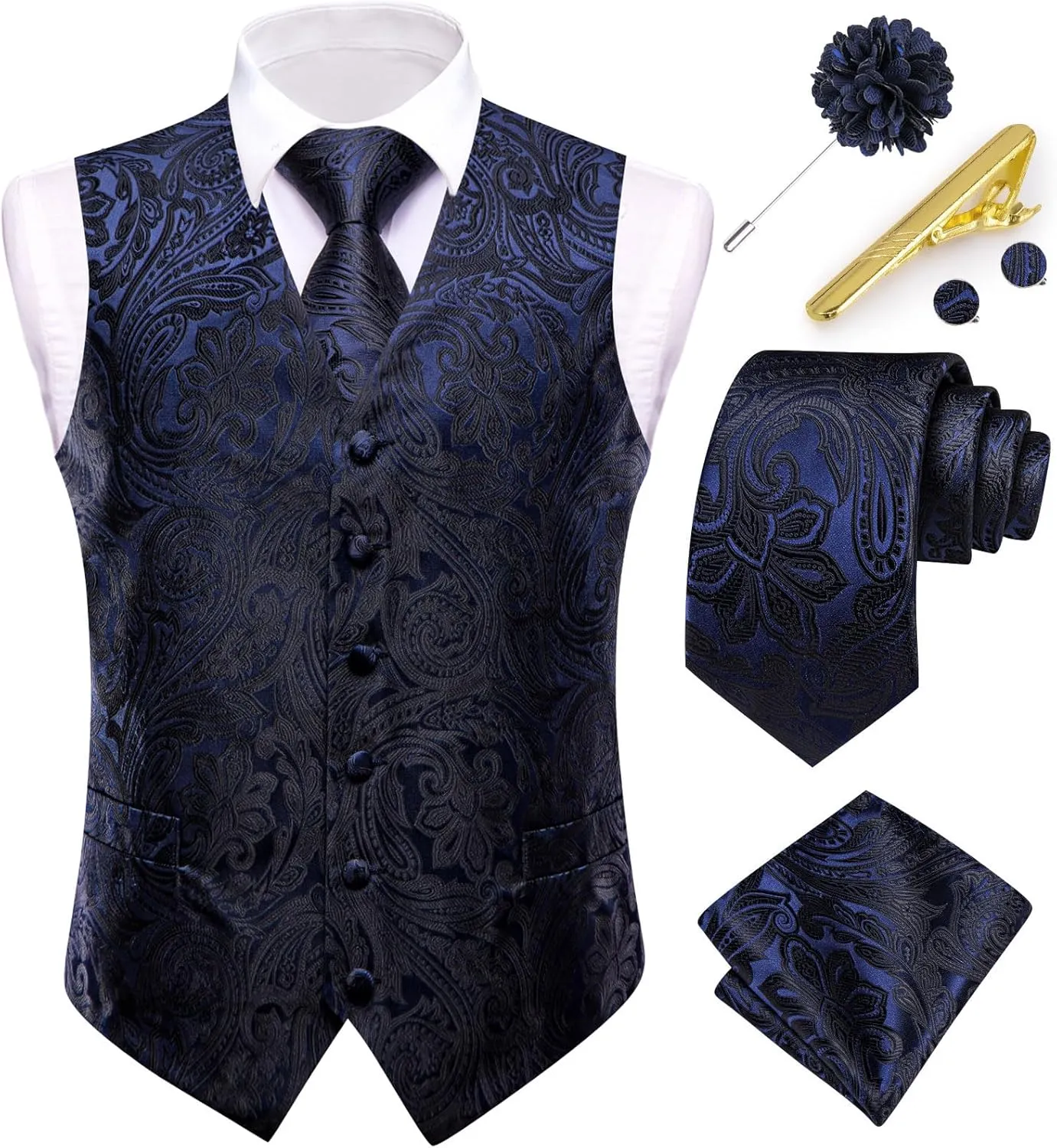 Dubulle Mens Vest and Tie Set Paisley Floral Waistcoat Neckties for Men Lapel Pin Clip Set Wedding Business