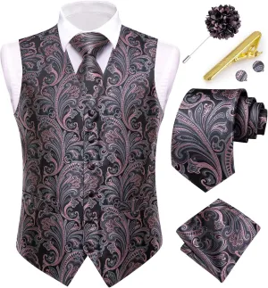 Dubulle Mens Vest and Tie Set Paisley Floral Waistcoat Neckties for Men Lapel Pin Clip Set Wedding Business