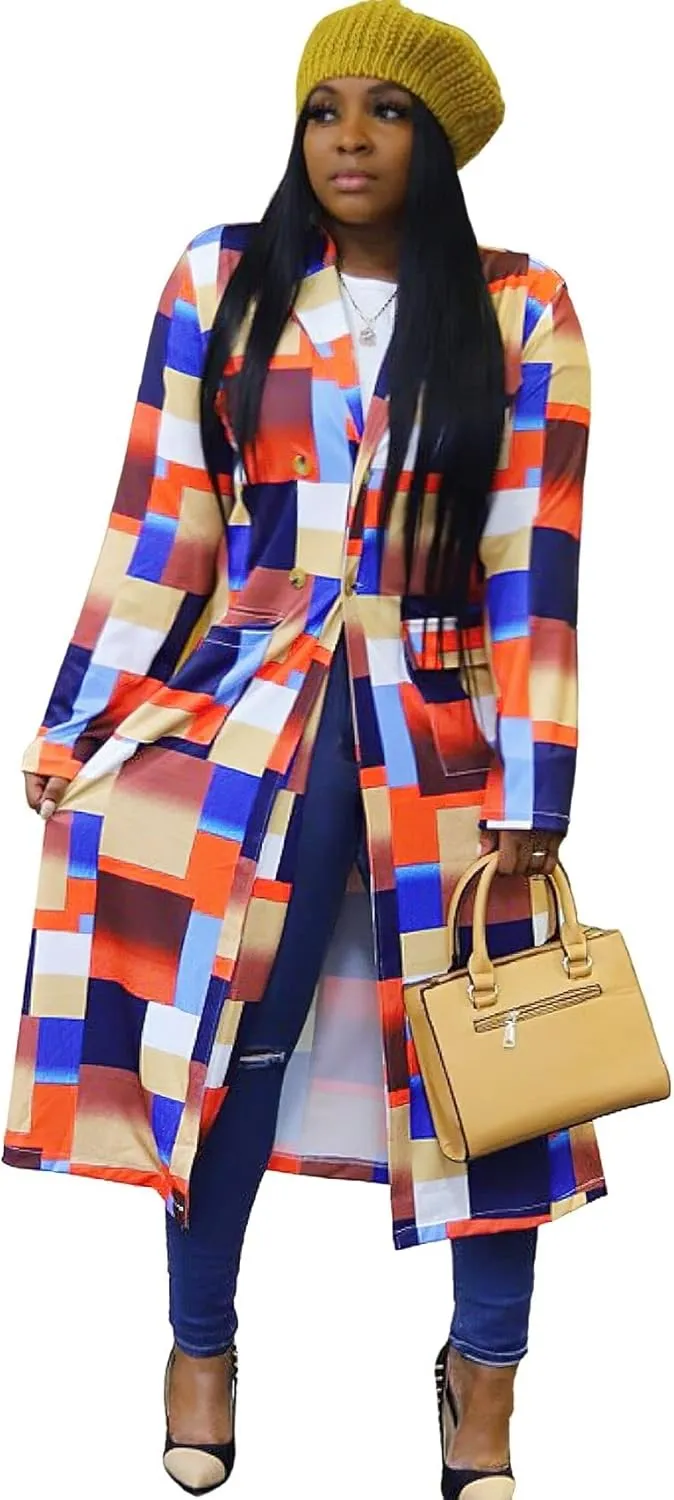 ebossy Womens Plaid Oversized Trench Coat Classic Double Breasted Bright Color Block Thin Long Blazer Jacket Overcoat