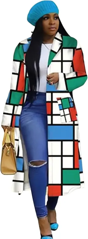 ebossy Womens Plaid Oversized Trench Coat Classic Double Breasted Bright Color Block Thin Long Blazer Jacket Overcoat