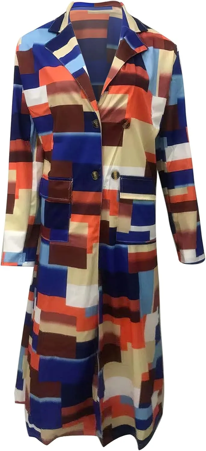ebossy Womens Plaid Oversized Trench Coat Classic Double Breasted Bright Color Block Thin Long Blazer Jacket Overcoat