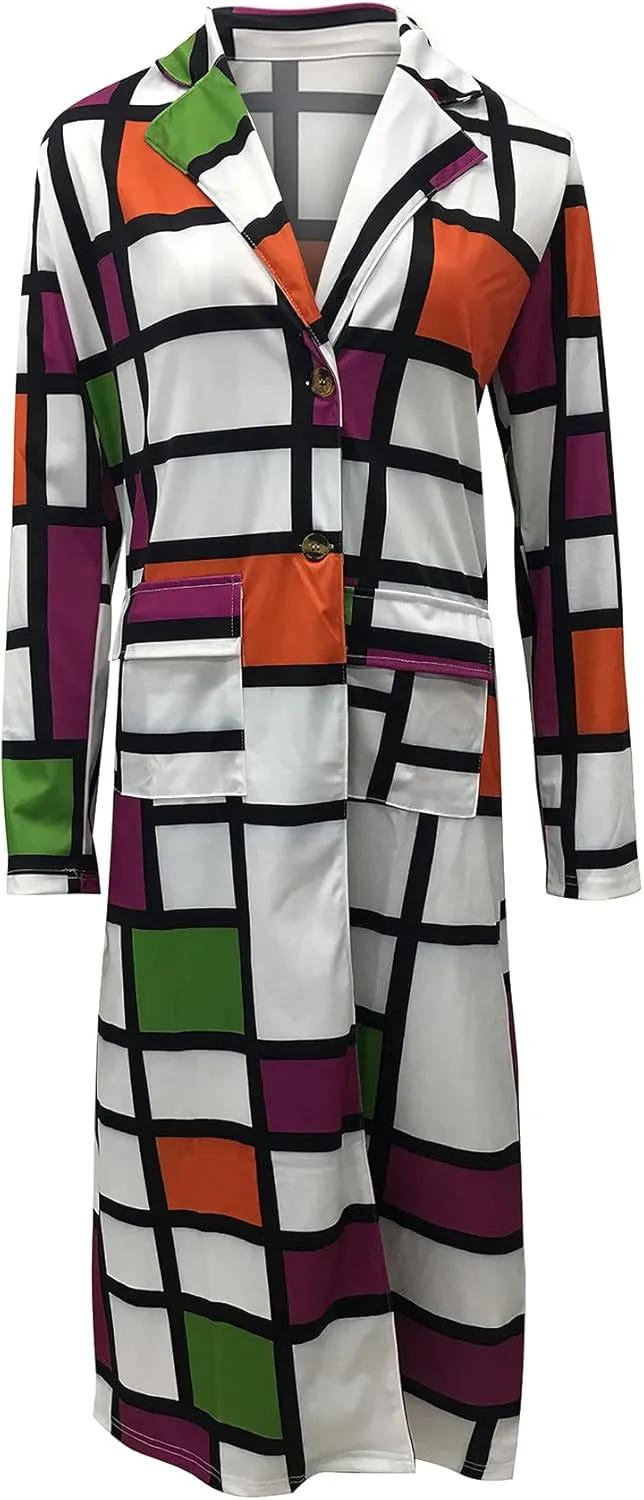 ebossy Womens Plaid Oversized Trench Coat Classic Double Breasted Bright Color Block Thin Long Blazer Jacket Overcoat