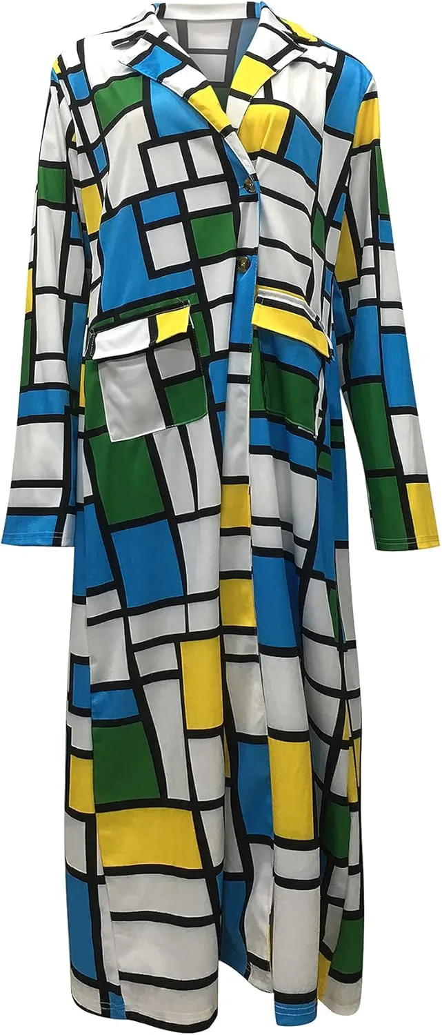 ebossy Womens Plaid Oversized Trench Coat Classic Double Breasted Bright Color Block Thin Long Blazer Jacket Overcoat