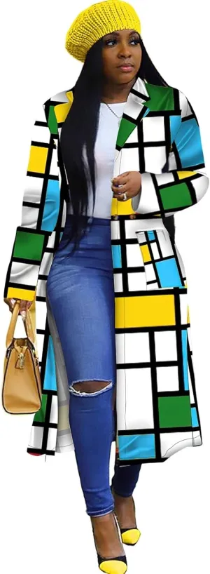 ebossy Womens Plaid Oversized Trench Coat Classic Double Breasted Bright Color Block Thin Long Blazer Jacket Overcoat