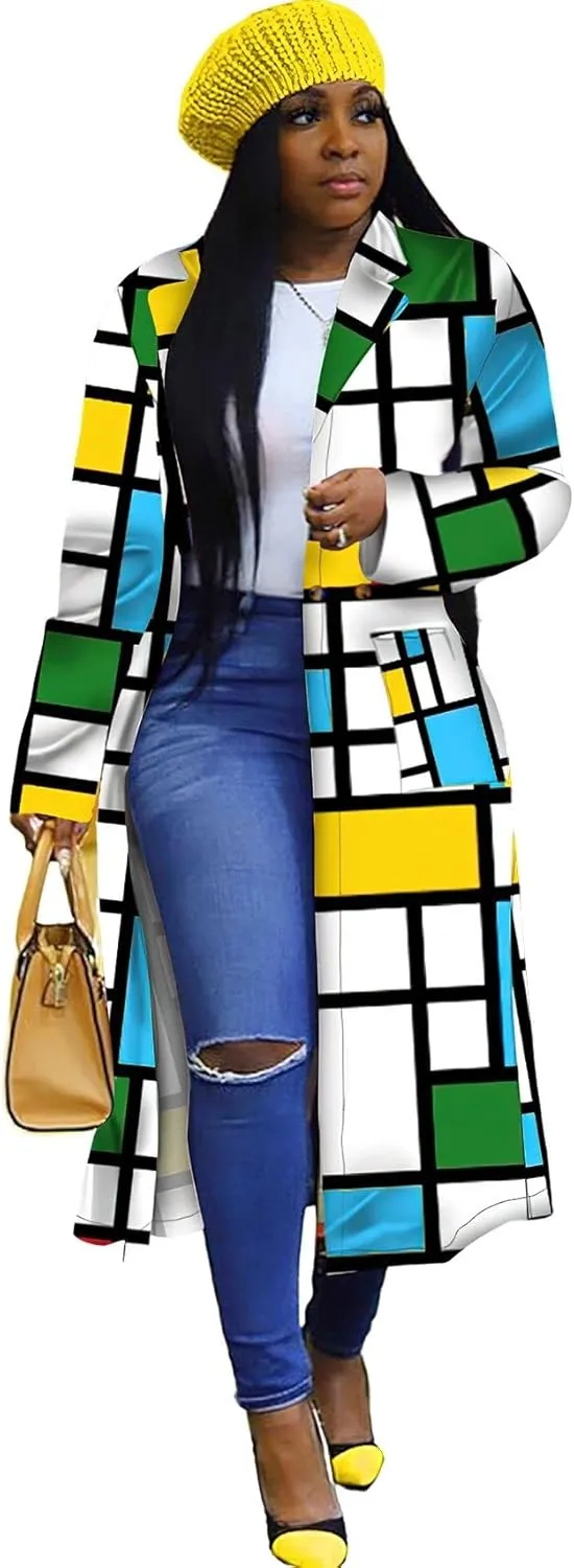 ebossy Womens Plaid Oversized Trench Coat Classic Double Breasted Bright Color Block Thin Long Blazer Jacket Overcoat