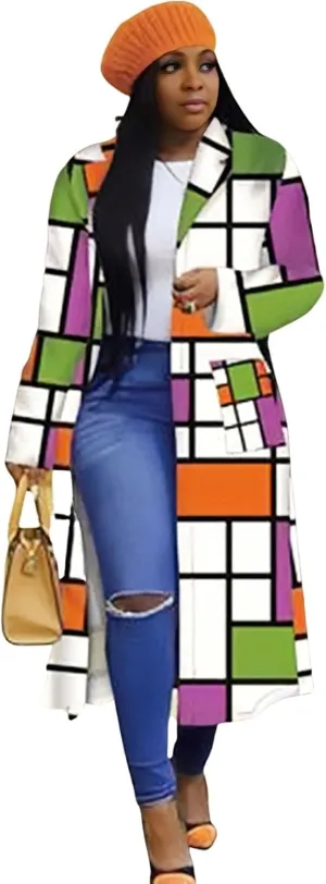 ebossy Womens Plaid Oversized Trench Coat Classic Double Breasted Bright Color Block Thin Long Blazer Jacket Overcoat