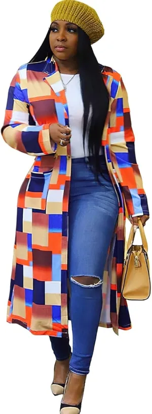 ebossy Womens Plaid Oversized Trench Coat Classic Double Breasted Bright Color Block Thin Long Blazer Jacket Overcoat