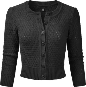 EIMIN Women's Crewneck Button Down 3/4 Sleeve Cropped Cardigan Sweater (S-3XL)