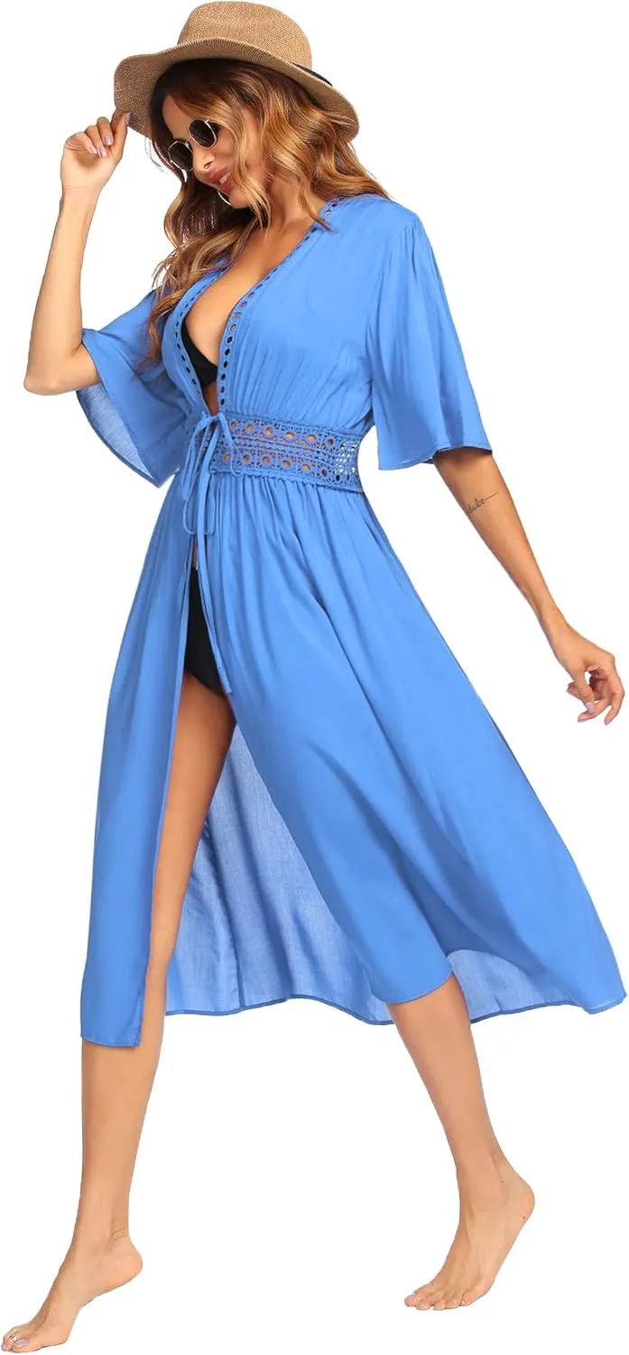 Ekouaer Women's Swimwear Cover Ups Sexy Open Front Beach Bikini Swimsuit Kimono Cardigan Cover Up Long Flowy Beachwear