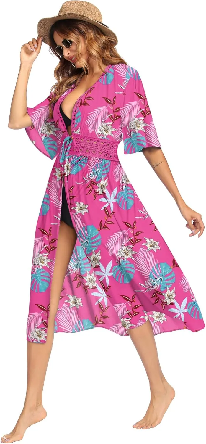 Ekouaer Women's Swimwear Cover Ups Sexy Open Front Beach Bikini Swimsuit Kimono Cardigan Cover Up Long Flowy Beachwear