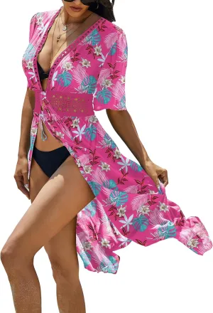 Ekouaer Women's Swimwear Cover Ups Sexy Open Front Beach Bikini Swimsuit Kimono Cardigan Cover Up Long Flowy Beachwear