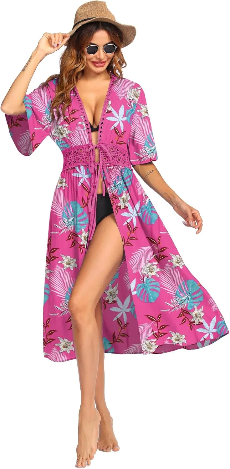 Ekouaer Women's Swimwear Cover Ups Sexy Open Front Beach Bikini Swimsuit Kimono Cardigan Cover Up Long Flowy Beachwear