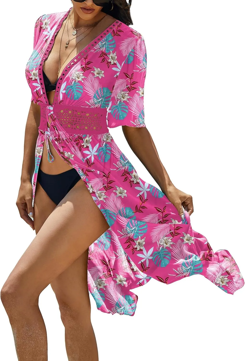 Ekouaer Women's Swimwear Cover Ups Sexy Open Front Beach Bikini Swimsuit Kimono Cardigan Cover Up Long Flowy Beachwear