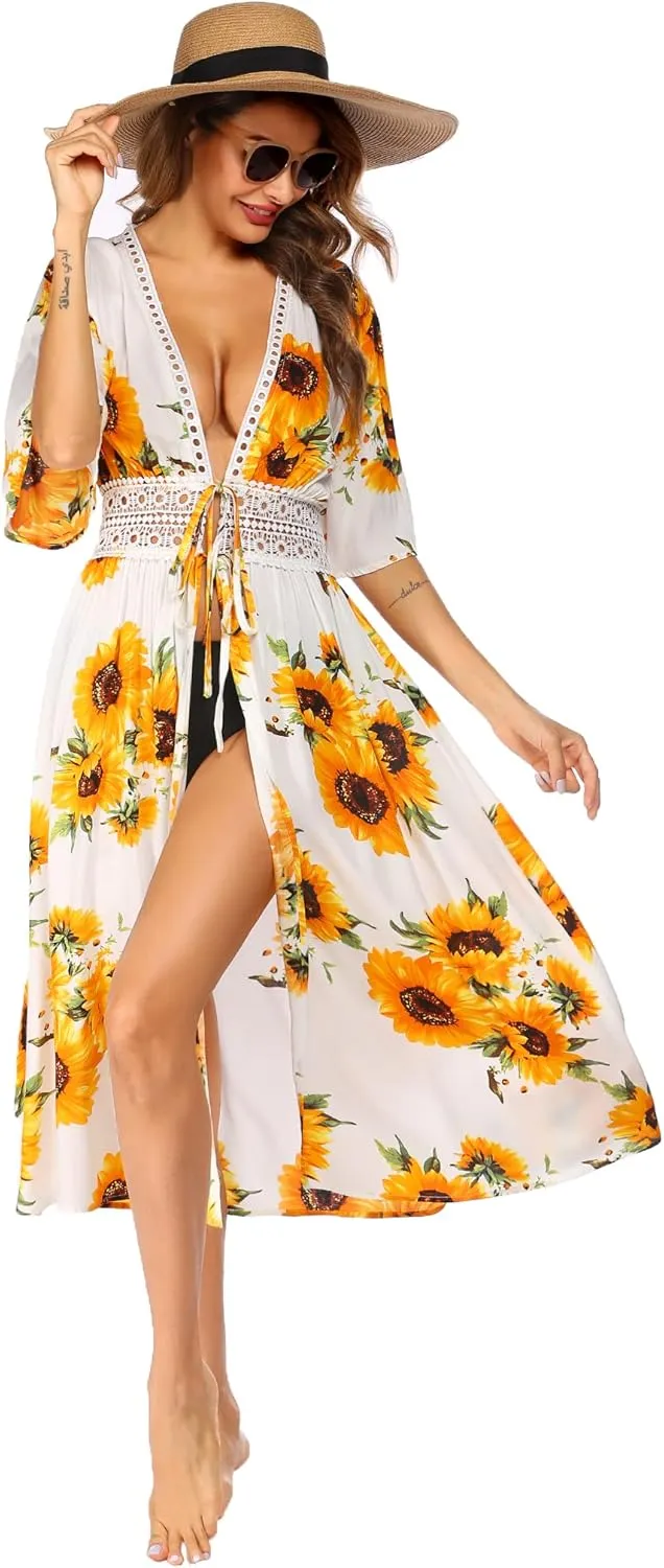 Ekouaer Women's Swimwear Cover Ups Sexy Open Front Beach Bikini Swimsuit Kimono Cardigan Cover Up Long Flowy Beachwear