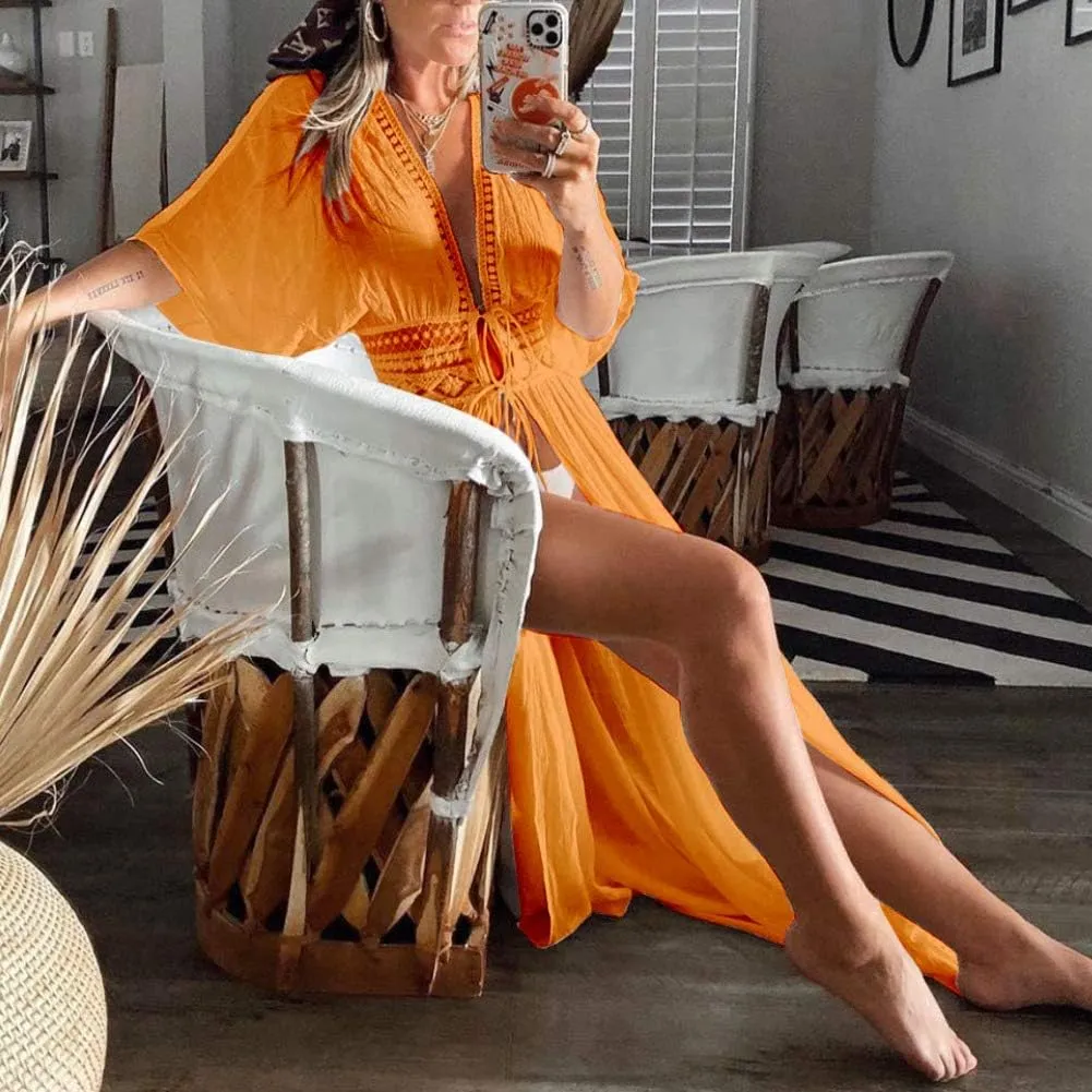 FANCYINN Womens Long Lace Cover up Sheer Bikini Coverups Kimono Tie Front Bathing Suit Swimsuit Beachwear