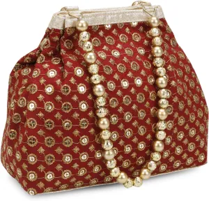 Fantastic Silk Indian Ethnic Potli Bag with Handicraft work (Maroon Potli-1)