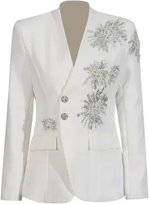 Fashion Studded Women's Suit Blazer Crystal Floral Nail Embellishments Long Sleeve Blazer Jacket