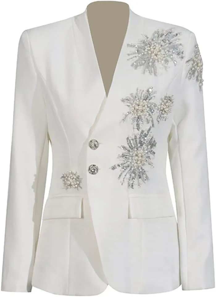 Fashion Studded Women's Suit Blazer Crystal Floral Nail Embellishments Long Sleeve Blazer Jacket