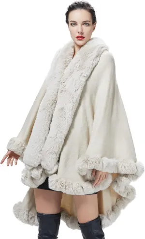 Faux Fur Shawl Wrap Women Poncho Cape Faux Fur Trim Coat Sleeveless Cardigan Dressy Cloak for Party