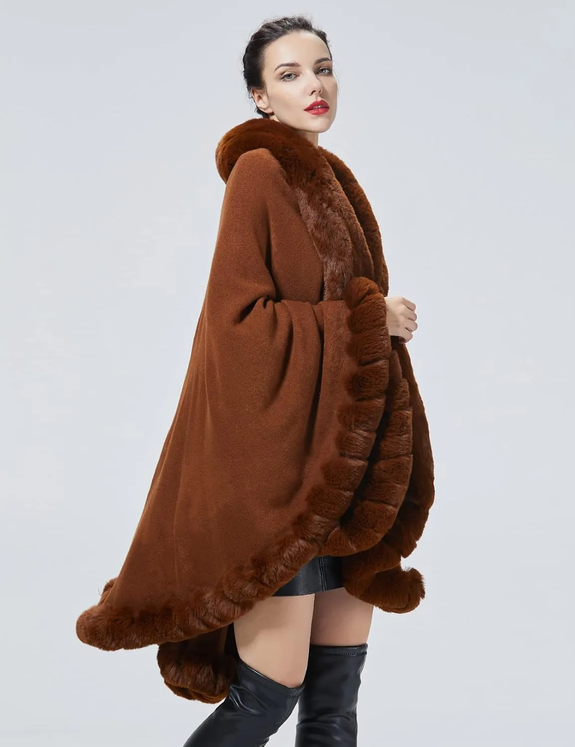 Faux Fur Shawl Wrap Women Poncho Cape Faux Fur Trim Coat Sleeveless Cardigan Dressy Cloak for Party