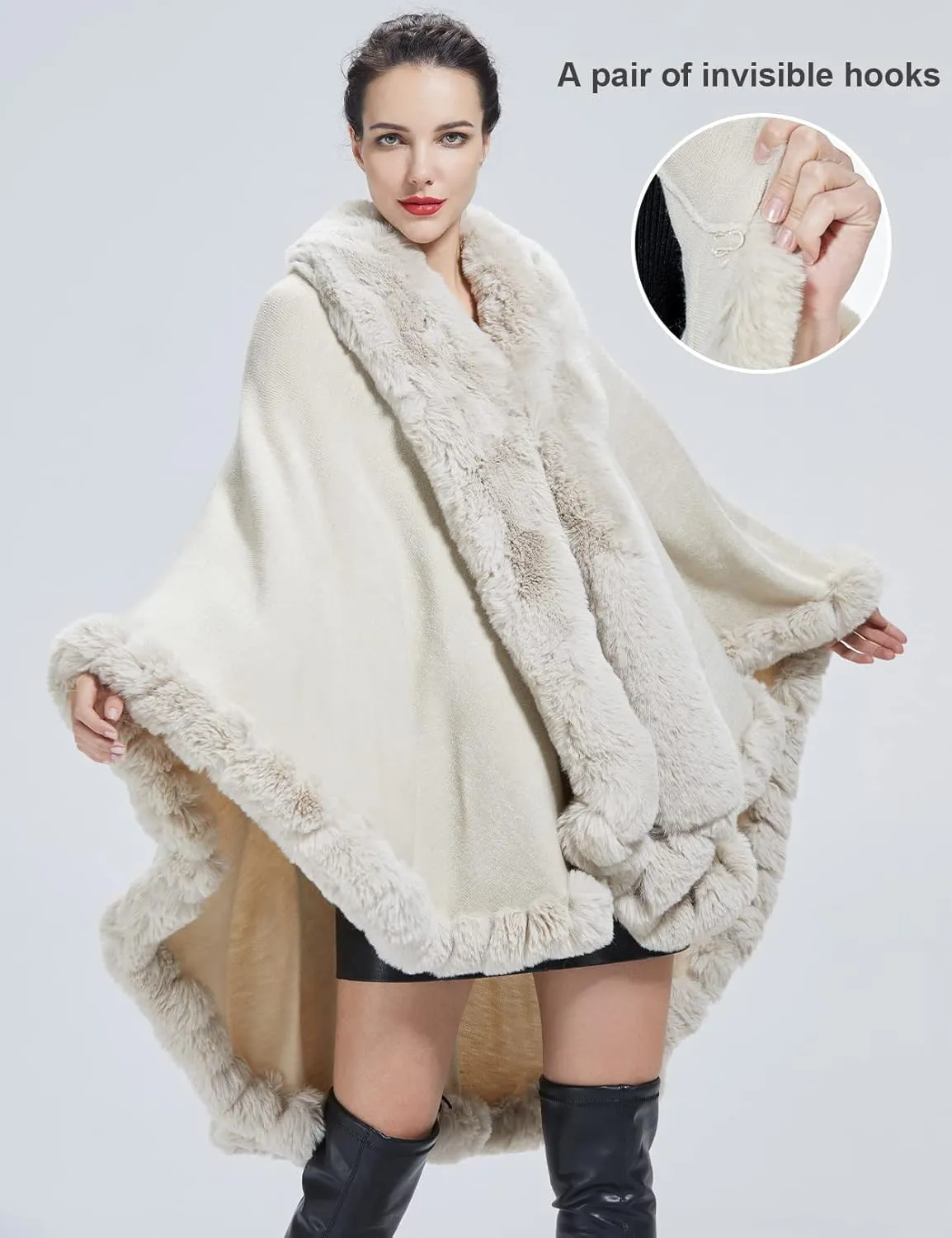 Faux Fur Shawl Wrap Women Poncho Cape Faux Fur Trim Coat Sleeveless Cardigan Dressy Cloak for Party