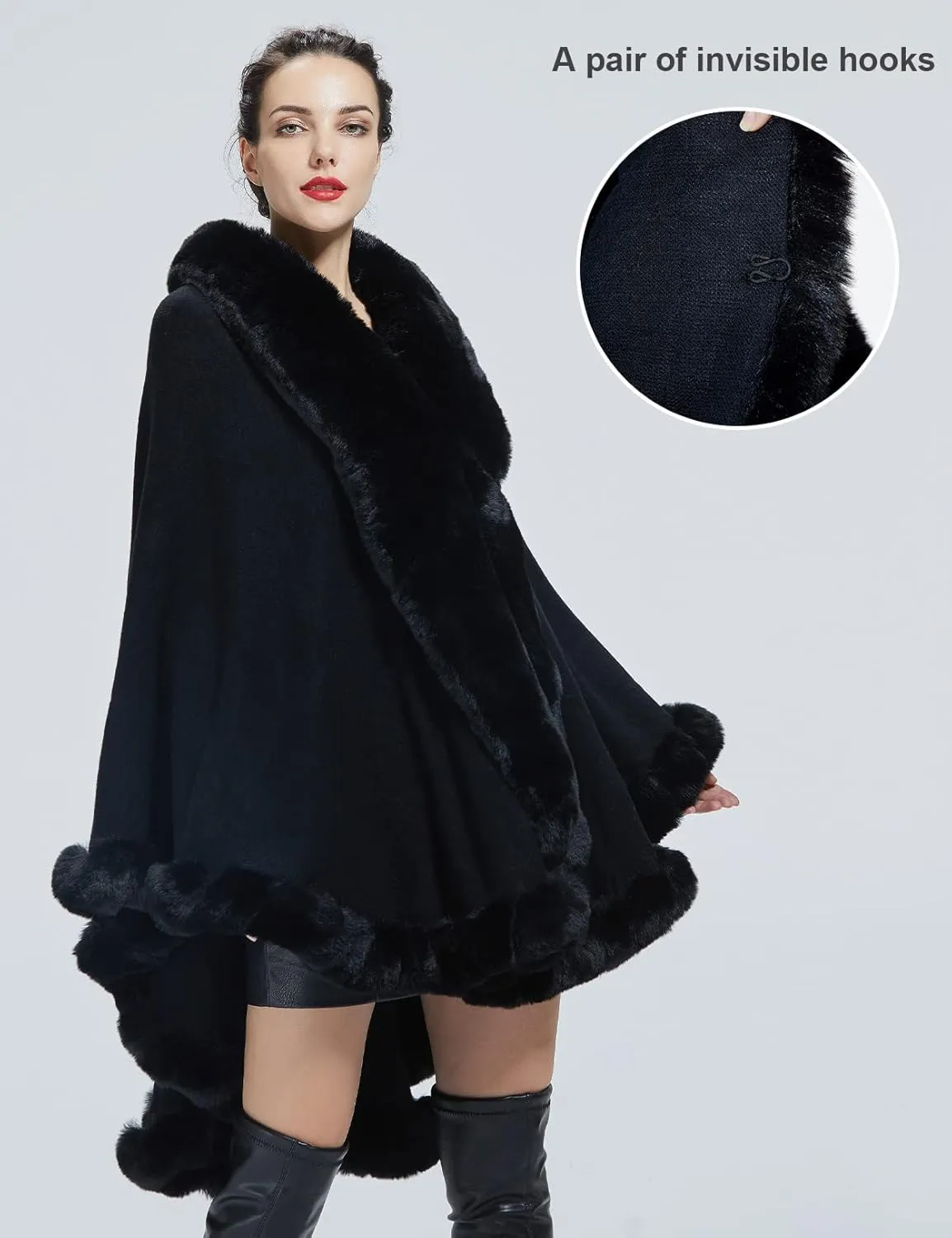Faux Fur Shawl Wrap Women Poncho Cape Faux Fur Trim Coat Sleeveless Cardigan Dressy Cloak for Party