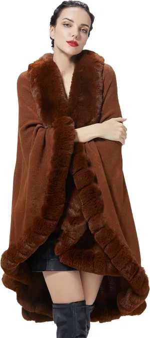 Faux Fur Shawl Wrap Women Poncho Cape Faux Fur Trim Coat Sleeveless Cardigan Dressy Cloak for Party