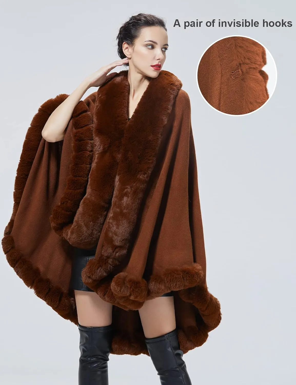 Faux Fur Shawl Wrap Women Poncho Cape Faux Fur Trim Coat Sleeveless Cardigan Dressy Cloak for Party